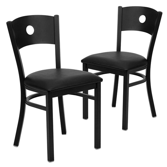 2 Pk. HERCULES Series Black Circle Back Metal Restaurant Chair - Black Vinyl Seat