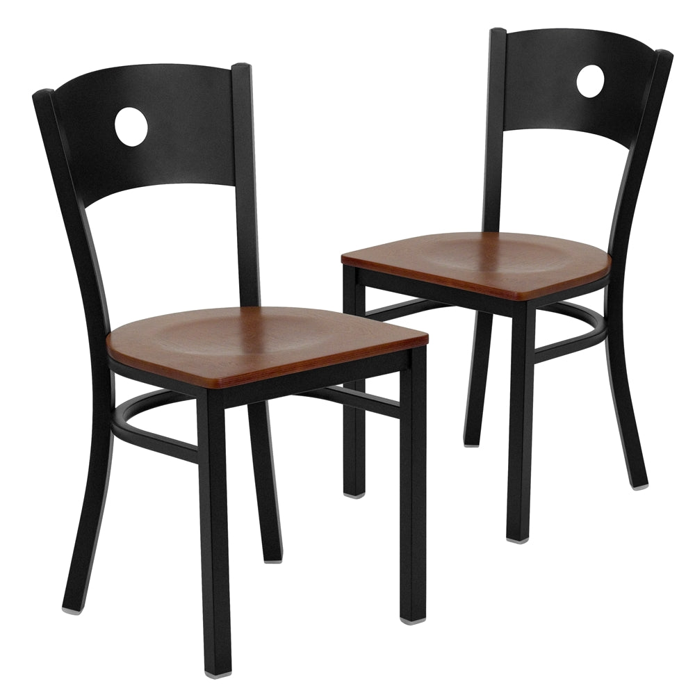 2 Pk. HERCULES Series Black Circle Back Metal Restaurant Chair - Cherry Wood Seat