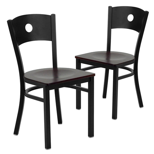 2 Pk. HERCULES Series Black Circle Back Metal Restaurant Chair - Mahogany Wood Seat