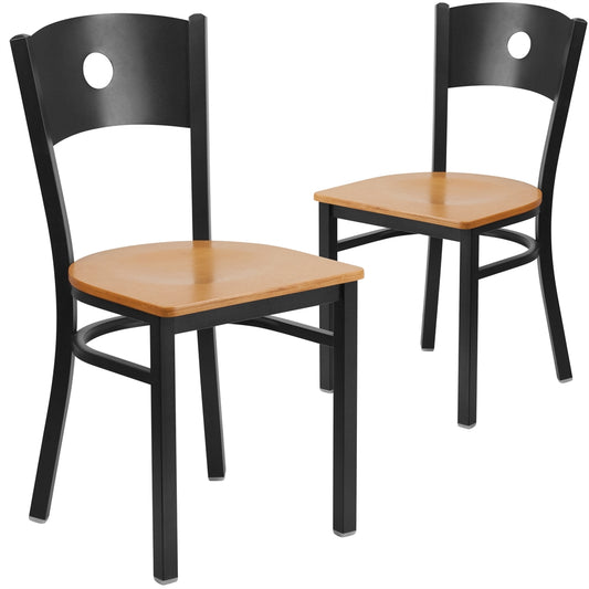 2 Pk. HERCULES Series Black Circle Back Metal Restaurant Chair - Natural Wood Seat