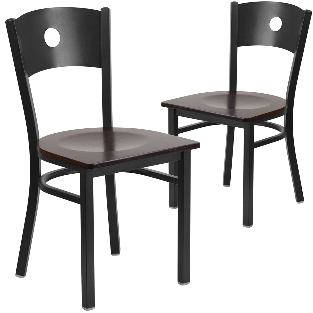 2 Pk. HERCULES Series Black Circle Back Metal Restaurant Chair - Walnut Wood Seat