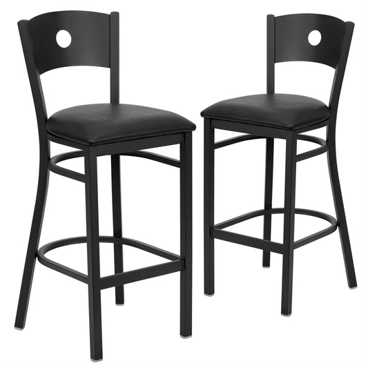 2 Pk. HERCULES Series Black Circle Back Metal Restaurant Barstool - Black Vinyl Seat