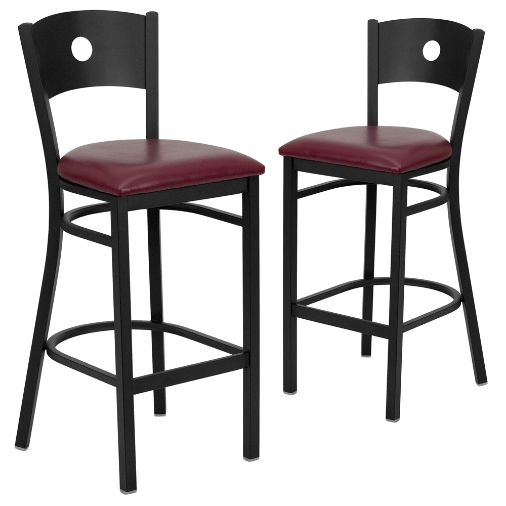 2 Pk. HERCULES Series Black Circle Back Metal Restaurant Barstool - Burgundy Vinyl Seat