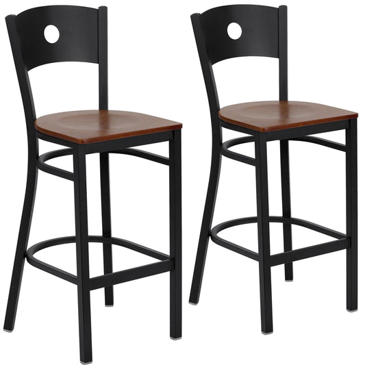 2 Pk. HERCULES Series Black Circle Back Metal Restaurant Barstool - Cherry Wood Seat