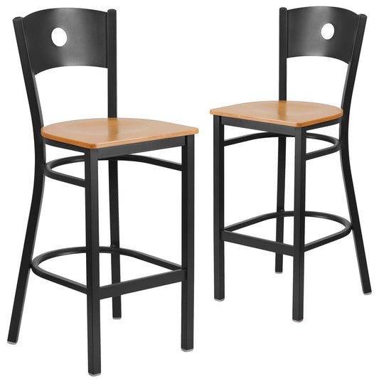 2 Pk. HERCULES Series Black Circle Back Metal Restaurant Barstool - Natural Wood Seat