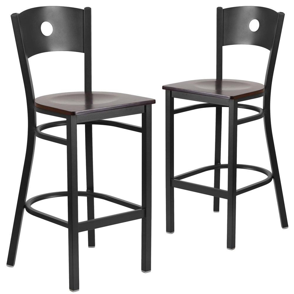 2 Pk. HERCULES Series Black Circle Back Metal Restaurant Barstool - Walnut Wood Seat