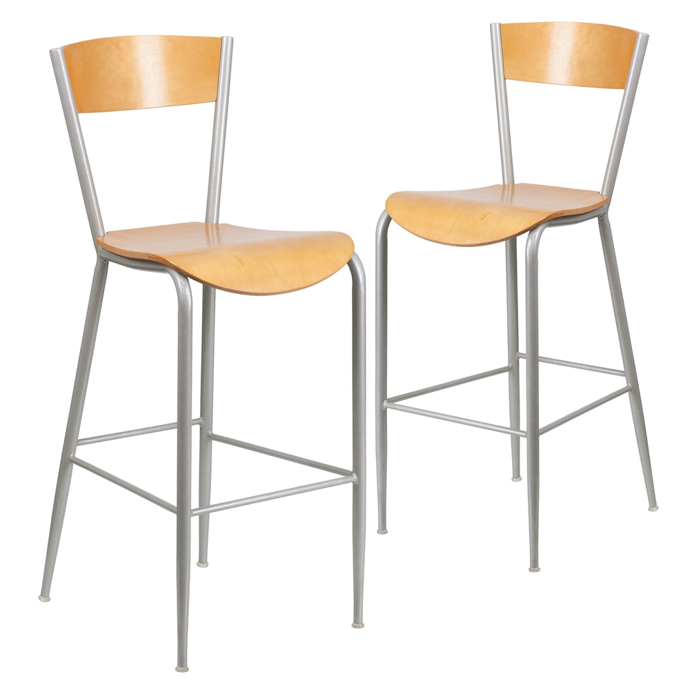 2 Pk. Invincible Series Metal Restaurant Barstool - Natural Wood Back & Seat