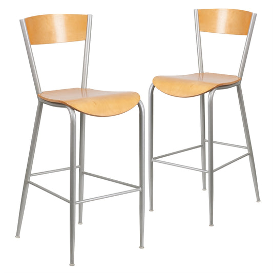 2 Pk. Invincible Series Metal Restaurant Barstool - Natural Wood Back & Seat