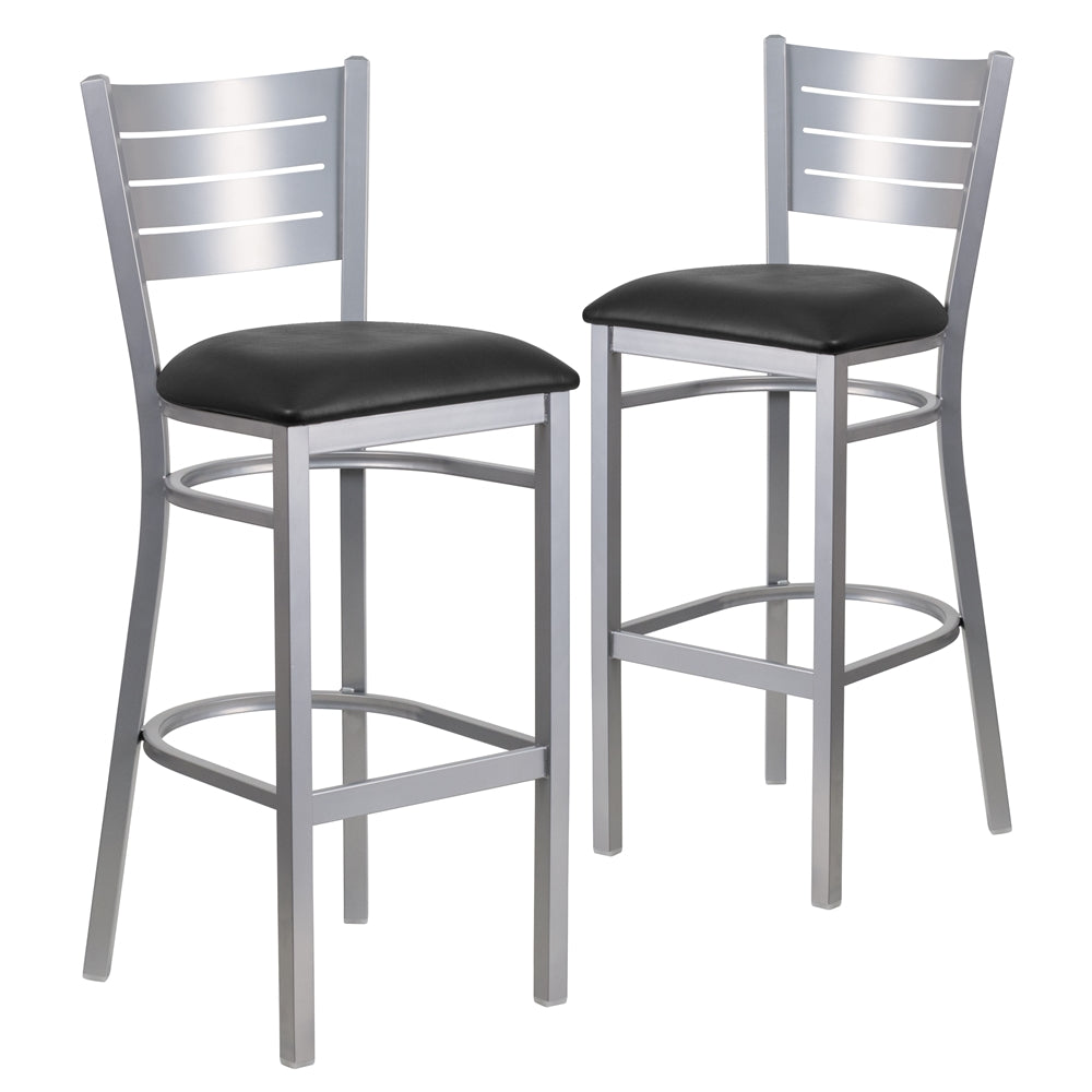 2 Pk. HERCULES Series Silver Slat Back Metal Restaurant Barstool - Black Vinyl Seat