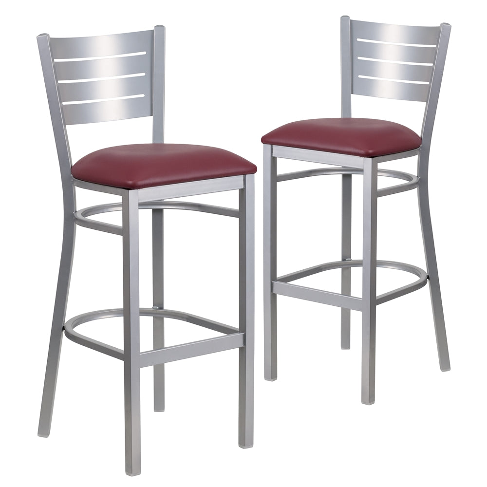 2 Pk. HERCULES Series Silver Slat Back Metal Restaurant Barstool - Burgundy Vinyl Seat