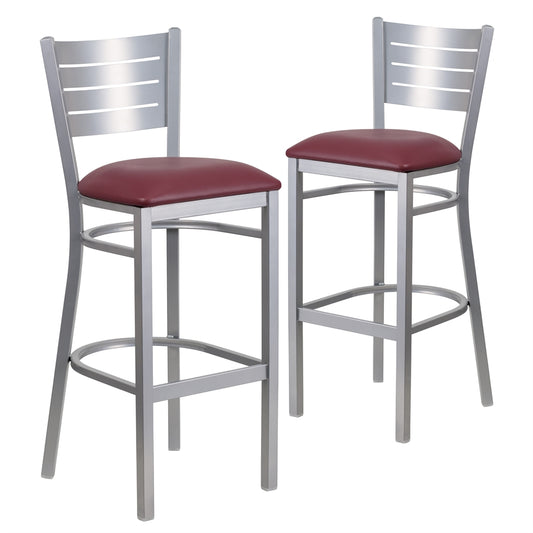 2 Pk. HERCULES Series Silver Slat Back Metal Restaurant Barstool - Burgundy Vinyl Seat