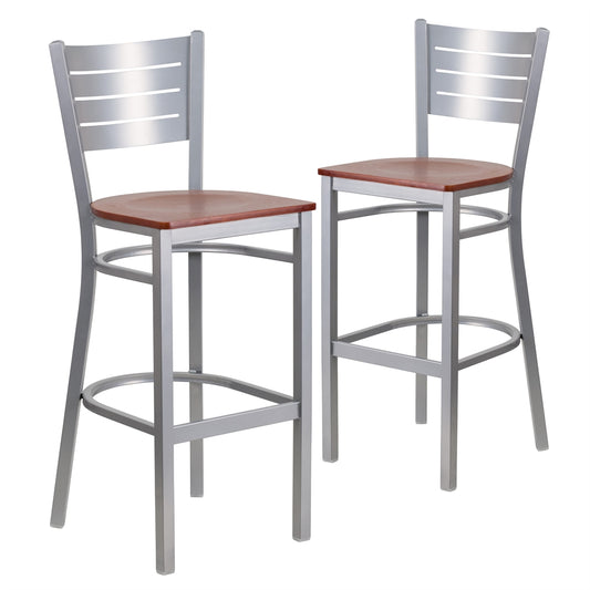 2 Pk. HERCULES Series Silver Slat Back Metal Restaurant Barstool - Cherry Wood Seat