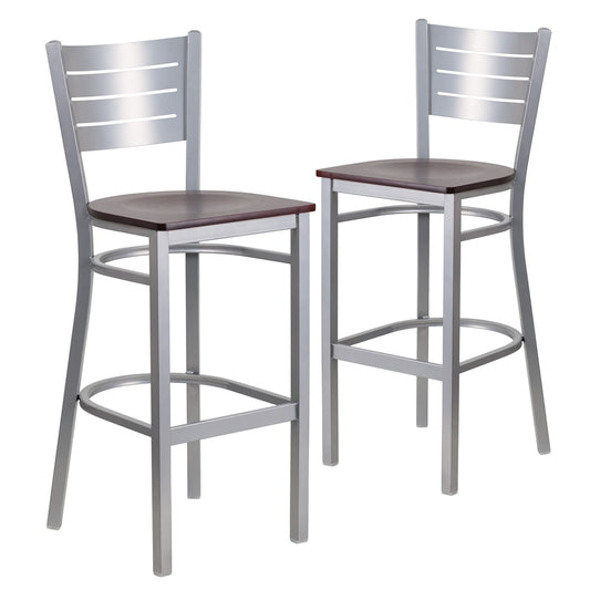 2 Pk. HERCULES Series Silver Slat Back Metal Restaurant Barstool - Mahogany Wood Seat