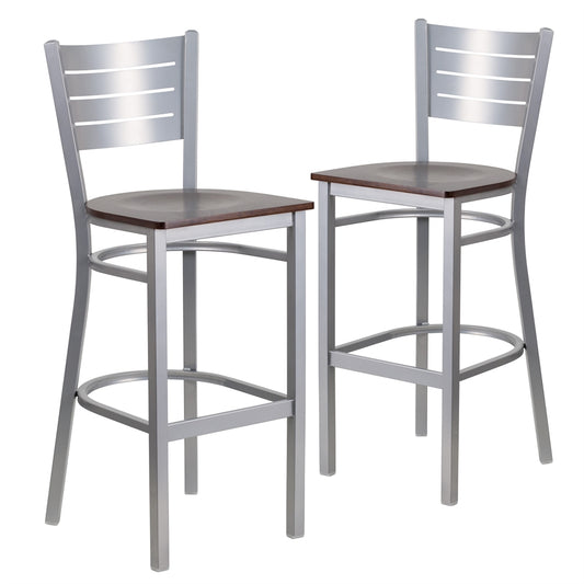 2 Pk. HERCULES Series Silver Slat Back Metal Restaurant Barstool - Walnut Wood Seat