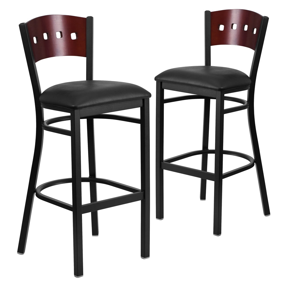 2 Pk. HERCULES Series Black Decorative 4 Square Back Metal Restaurant Barstool - Mahogany Wood Back, Black Vinyl Seat