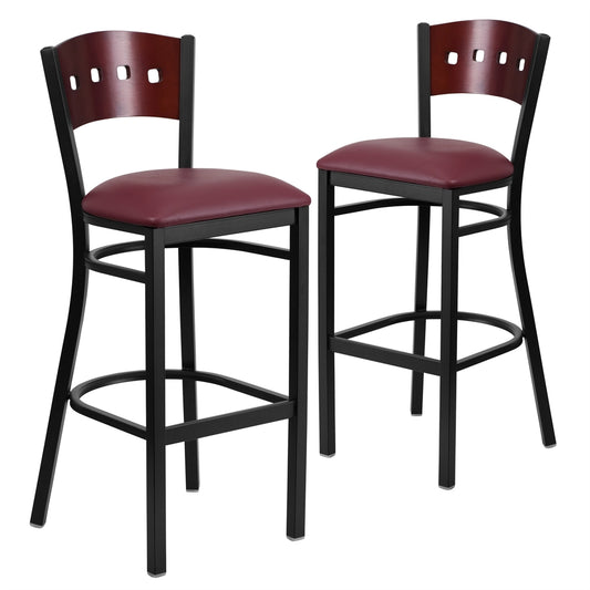 2 Pk. HERCULES Series Black Decorative 4 Square Back Metal Restaurant Barstool - Mahogany Wood Back, Burgundy Vinyl Seat