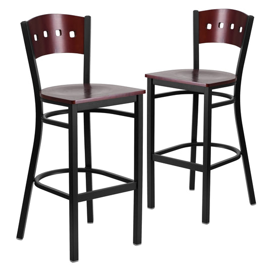 2 Pk. HERCULES Series Black Decorative 4 Square Back Metal Restaurant Barstool - Mahogany Wood Back & Seat