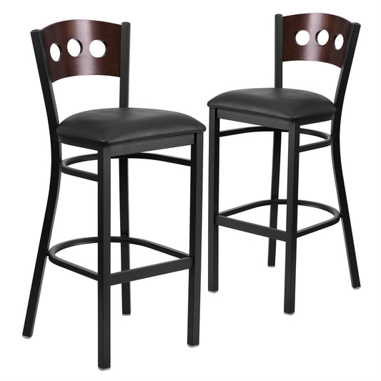 2 Pk. HERCULES Series Black Decorative 3 Circle Back Metal Restaurant Barstool - Walnut Wood Back, Black Vinyl Seat