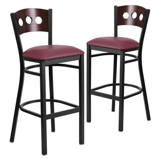 2 Pk. HERCULES Series Black Decorative 3 Circle Back Metal Restaurant Barstool - Walnut Wood Back, Burgundy Vinyl Seat