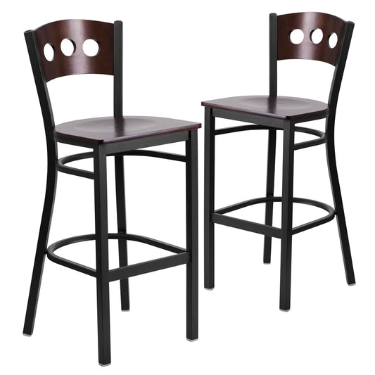 2 Pk. HERCULES Series Black Decorative 3 Circle Back Metal Restaurant Barstool - Walnut Wood Back & Seat