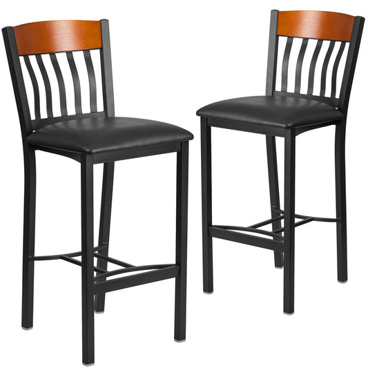 2 Pk. Eclipse Series Vertical Back Black Metal and Cherry Wood Restaurant Barstool with Black Vinyl Seat