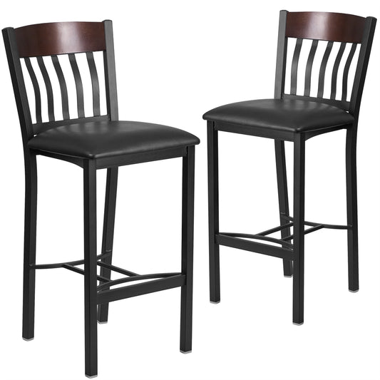 2 Pk. Eclipse Series Vertical Back Black Metal and Walnut Wood Restaurant Barstool with Black Vinyl Seat