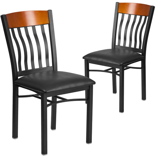 2 Pk. Eclipse Series Vertical Back Black Metal and Cherry Wood Restaurant Chair with Black Vinyl Seat