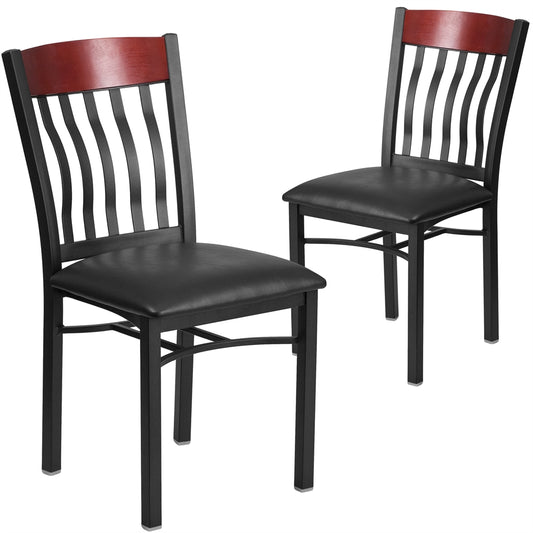 2 Pk. Eclipse Series Vertical Back Black Metal and Mahogany Wood Restaurant Chair with Black Vinyl Seat