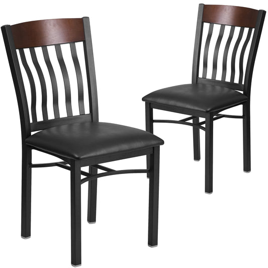 2 Pk. Eclipse Series Vertical Back Black Metal and Walnut Wood Restaurant Chair with Black Vinyl Seat