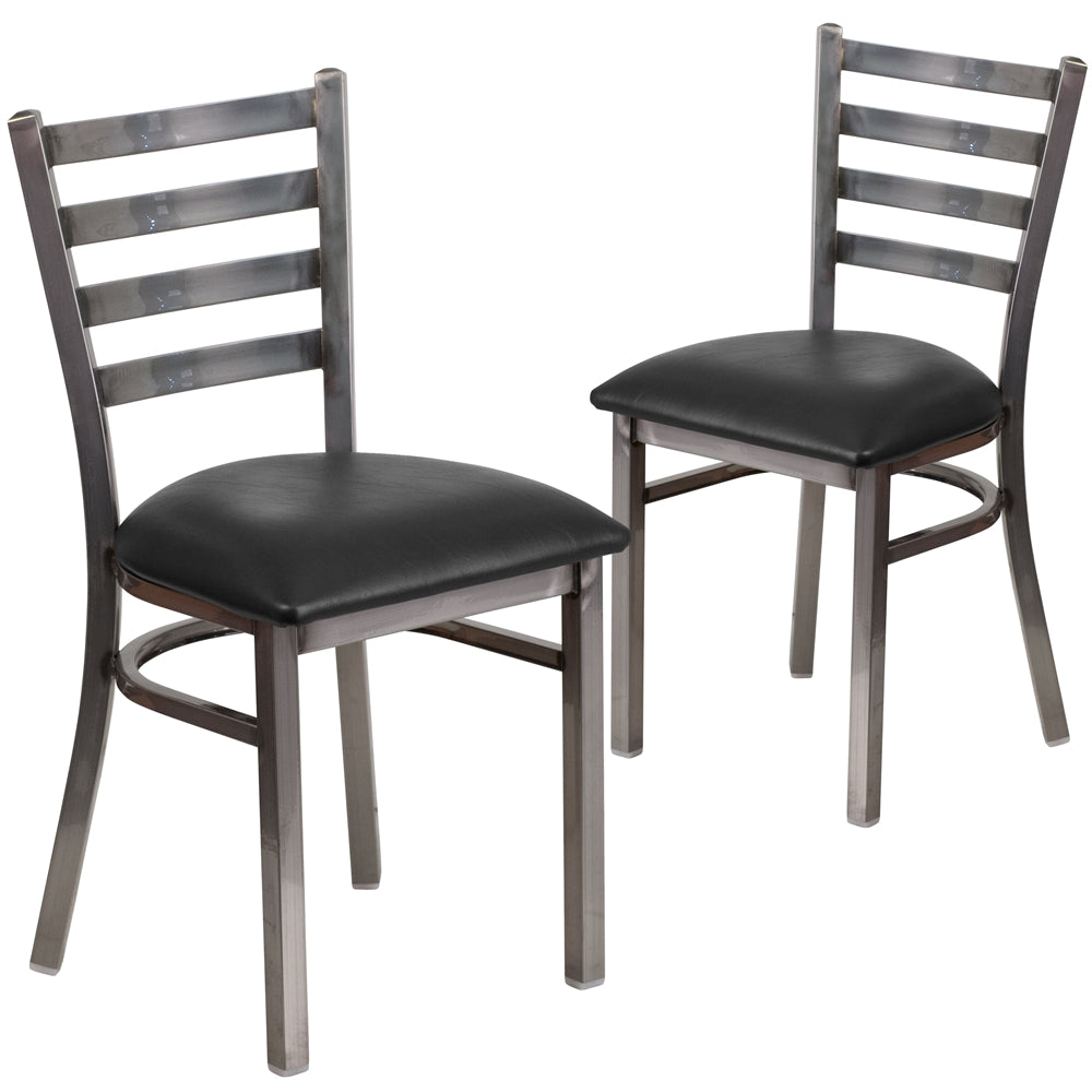 2 Pk. HERCULES Series Clear Coated Ladder Back Metal Restaurant Chair - Black Vinyl Seat