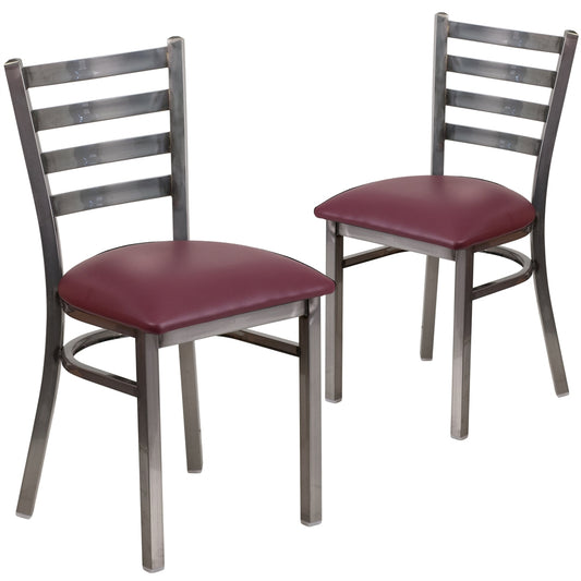 2 Pk. HERCULES Series Clear Coated Ladder Back Metal Restaurant Chair - Burgundy Vinyl Seat