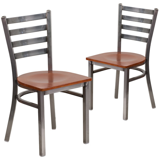 2 Pk. HERCULES Series Clear Coated Ladder Back Metal Restaurant Chair - Cherry Wood Seat