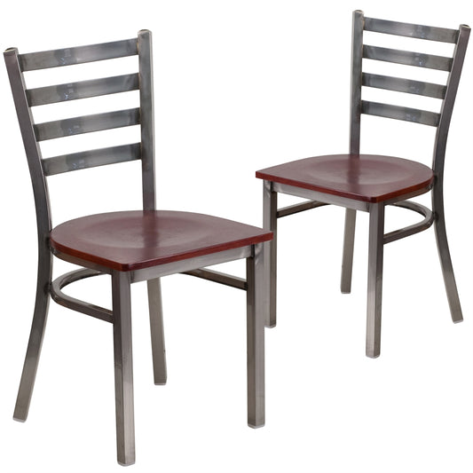 2 Pk. HERCULES Series Clear Coated Ladder Back Metal Restaurant Chair - Mahogany Wood Seat