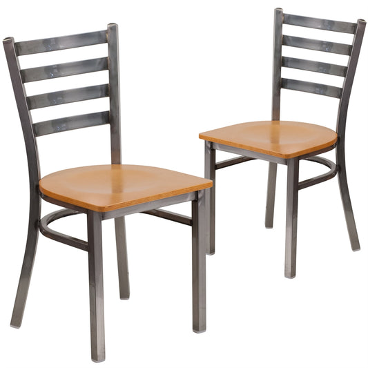 2 Pk. HERCULES Series Clear Coated Ladder Back Metal Restaurant Chair - Natural Wood Seat