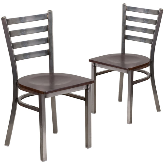 2 Pk. HERCULES Series Clear Coated Ladder Back Metal Restaurant Chair - Walnut Wood Seat