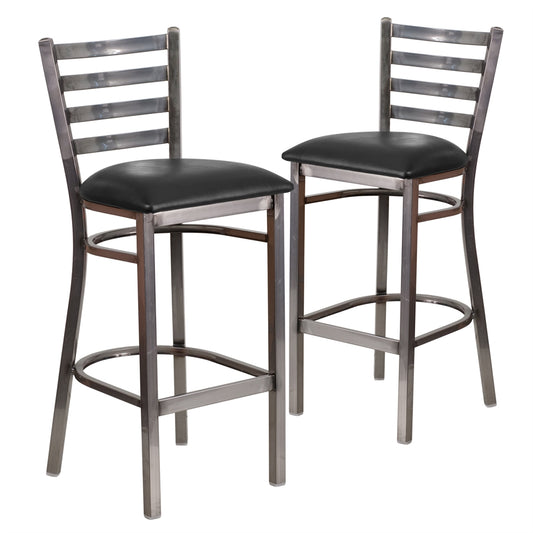 2 Pk. HERCULES Series Clear Coated Ladder Back Metal Restaurant Barstool - Black Vinyl Seat