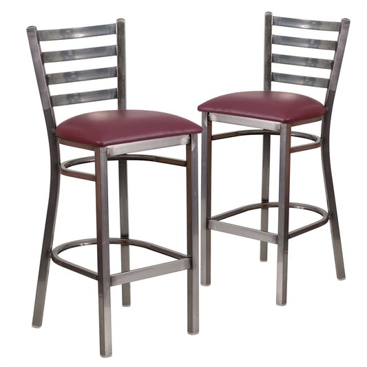 2 Pk. HERCULES Series Clear Coated Ladder Back Metal Restaurant Barstool - Burgundy Vinyl Seat