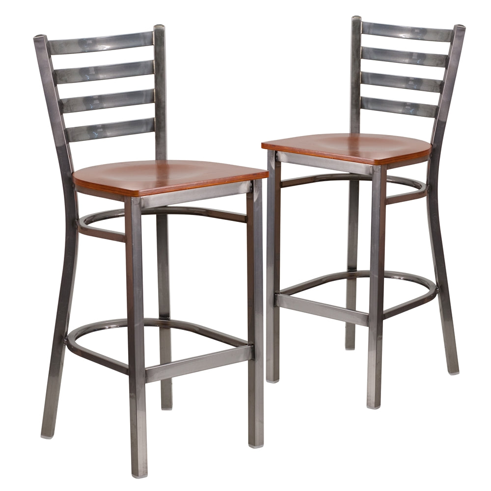 2 Pk. HERCULES Series Clear Coated Ladder Back Metal Restaurant Barstool - Cherry Wood Seat