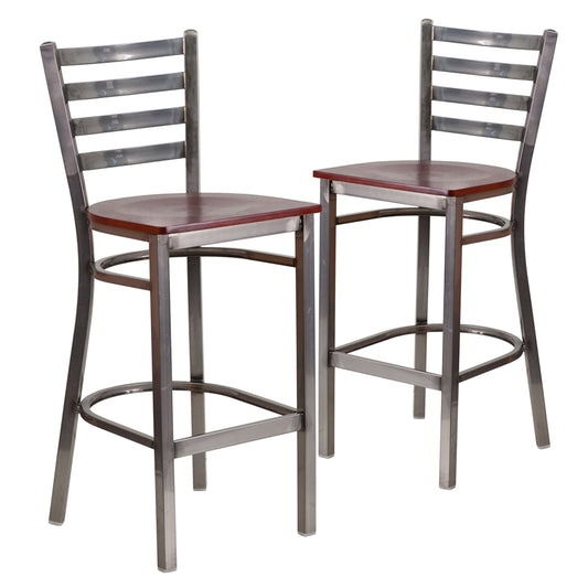 2 Pk. HERCULES Series Clear Coated Ladder Back Metal Restaurant Barstool - Mahogany Wood Seat