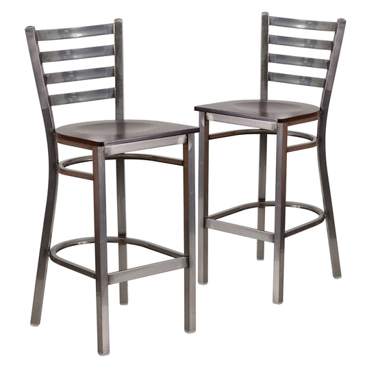 2 Pk. HERCULES Series Clear Coated Ladder Back Metal Restaurant Barstool - Walnut Wood Seat