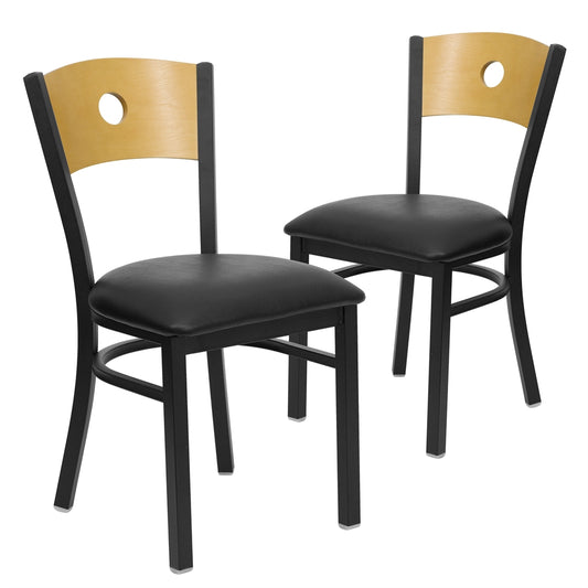 2 Pk. HERCULES Series Black Circle Back Metal Restaurant Chair - Natural Wood Back, Black Vinyl Seat