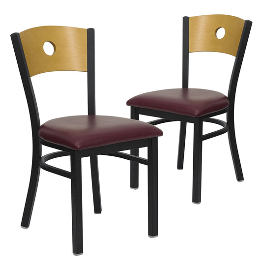 2 Pk. HERCULES Series Black Circle Back Metal Restaurant Chair - Natural Wood Back, Burgundy Vinyl Seat