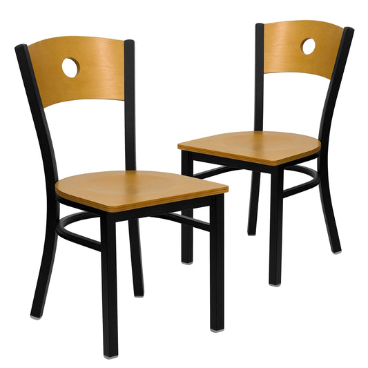 2 Pk. HERCULES Series Black Circle Back Metal Restaurant Chair - Natural Wood Back & Seat