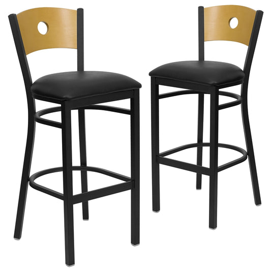 2 Pk. HERCULES Series Black Circle Back Metal Restaurant Barstool - Natural Wood Back, Black Vinyl Seat