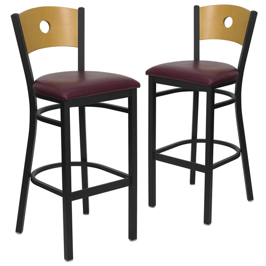 2 Pk. HERCULES Series Black Circle Back Metal Restaurant Barstool - Natural Wood Back, Burgundy Vinyl Seat