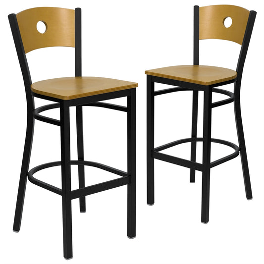 2 Pk. HERCULES Series Black Circle Back Metal Restaurant Barstool - Natural Wood Back & Seat