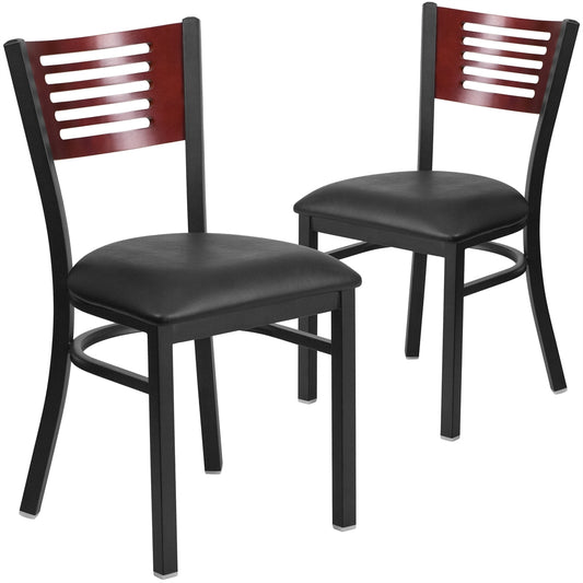 2 Pk. HERCULES Series Black Decorative Slat Back Metal Restaurant Chair - Mahogany Wood Back, Black Vinyl Seat