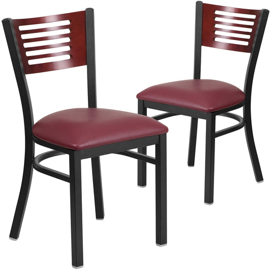 2 Pk. HERCULES Series Black Decorative Slat Back Metal Restaurant Chair - Mahogany Wood Back, Burgundy Vinyl Seat