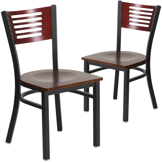 2 Pk. HERCULES Series Black Decorative Slat Back Metal Restaurant Chair - Mahogany Wood Back & Seat