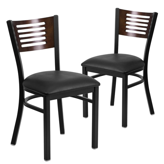 2 Pk. HERCULES Series Black Decorative Slat Back Metal Restaurant Chair - Walnut Wood Back, Black Vinyl Seat